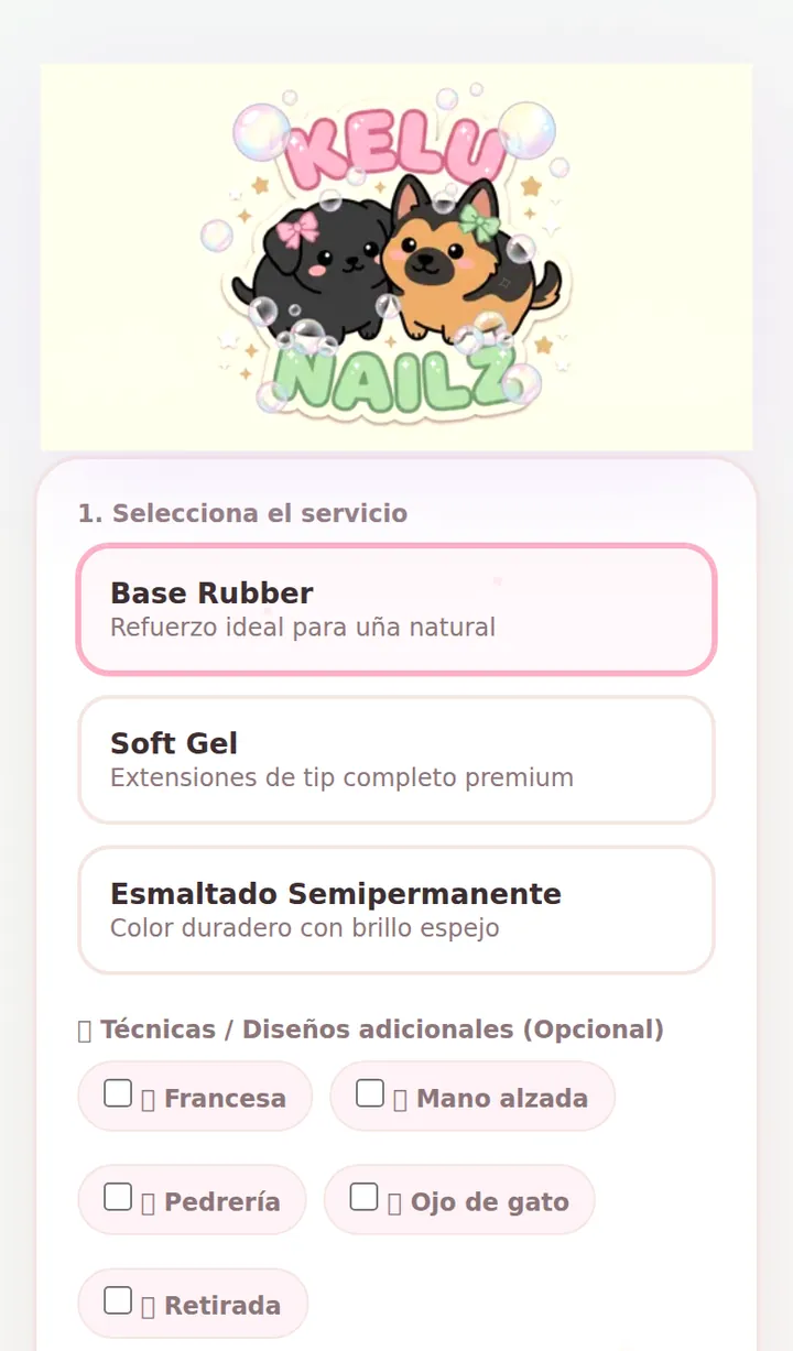 App de citas KeluNailz: selección de servicio, extras y datos de contacto