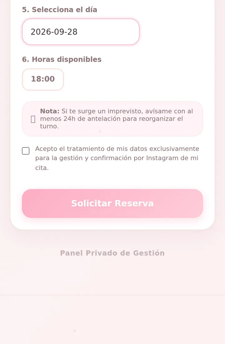 App de citas KeluNailz: selección de día, horas disponibles y consentimiento de datos